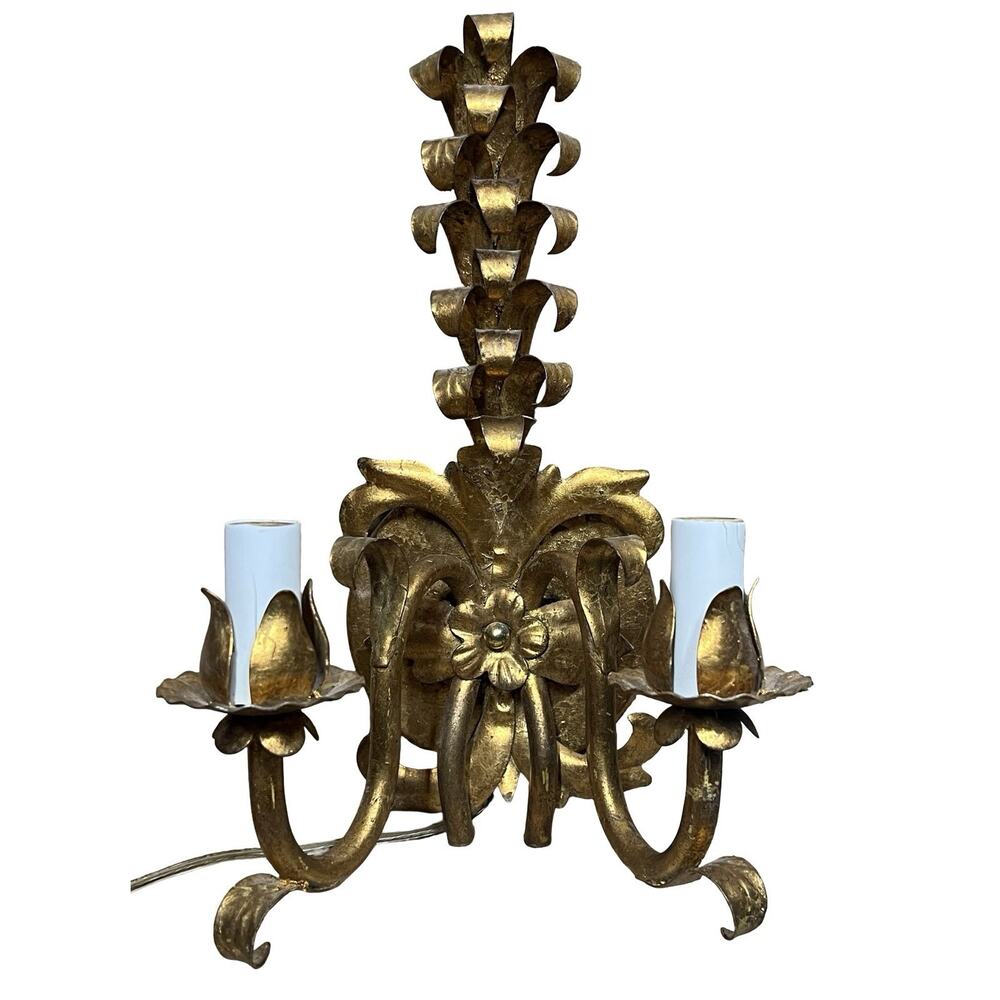 VTG Florentine Gold Leaf Gilt Wall Double Arm Sconce Light Fixture Regency Glam